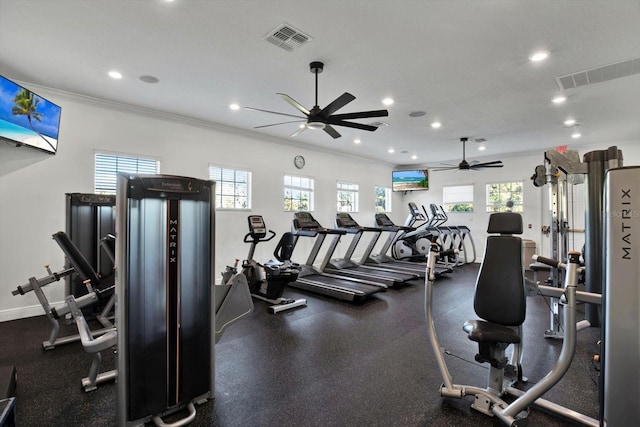 workout area featuring ceiling fan and ornamental molding