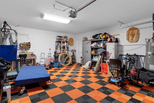 garage with a garage door opener and water heater