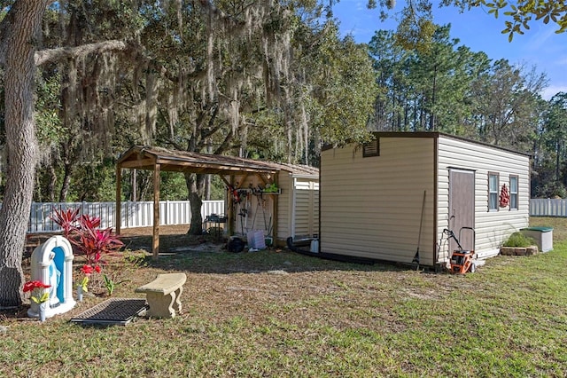 exterior space with a yard and a storage shed