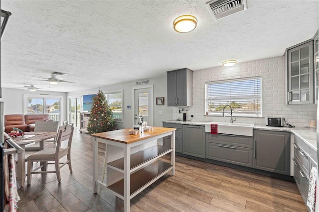 kitchen featuring stainless steel dishwasher, gray cabinets, sink, and tasteful backsplash