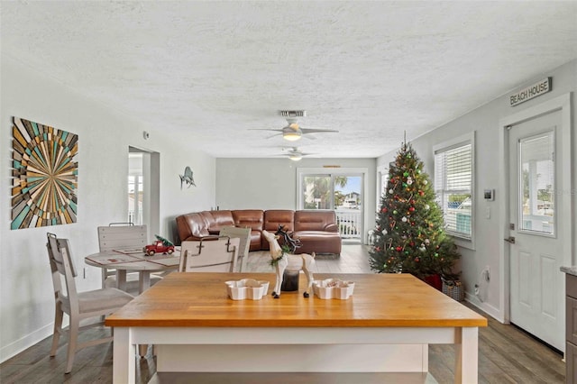 dining room with ceiling fan, wood-type flooring, and a textured ceiling