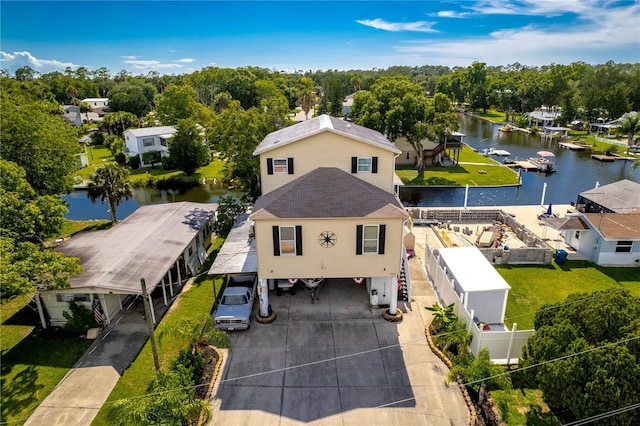 bird's eye view with a water view