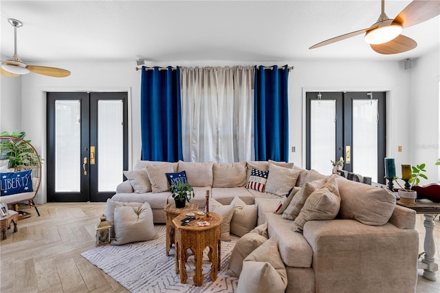 living room featuring french doors and light parquet floors