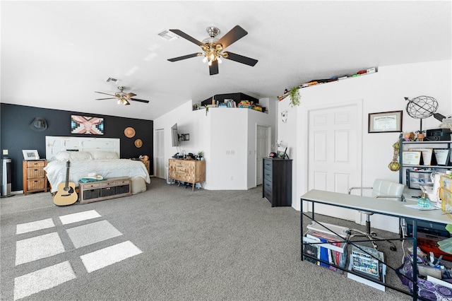 bedroom featuring carpet flooring, vaulted ceiling, and ceiling fan