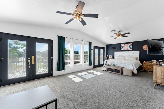 bedroom with access to exterior, french doors, light carpet, vaulted ceiling, and ceiling fan