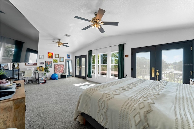 bedroom with access to outside, french doors, vaulted ceiling, ceiling fan, and carpet floors