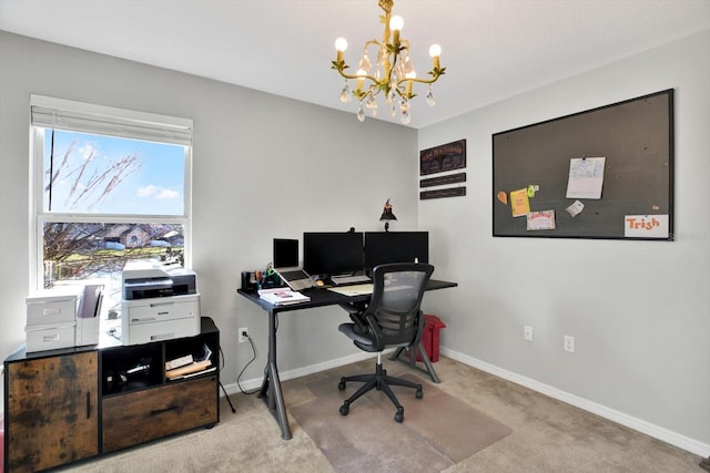 office featuring a notable chandelier and light carpet