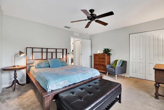 bedroom with carpet flooring, ceiling fan, and a closet