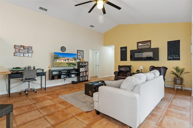 living room with tile patterned floors, ceiling fan, and lofted ceiling