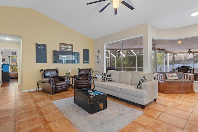 tiled living room featuring vaulted ceiling