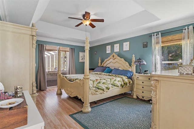 bedroom featuring a raised ceiling, ceiling fan, and light wood-type flooring