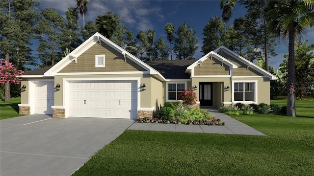 craftsman-style home featuring a garage and a front lawn