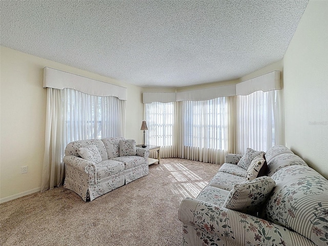 living room featuring carpet flooring and a textured ceiling