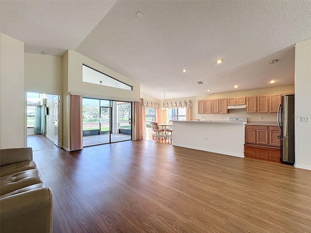 unfurnished living room featuring dark hardwood / wood-style floors, a textured ceiling, and vaulted ceiling