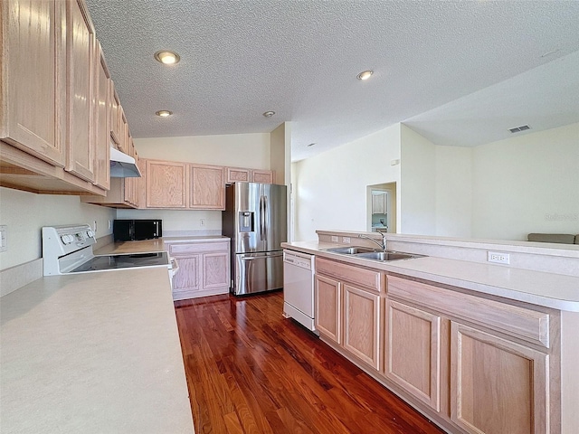 kitchen featuring sink, light brown cabinets, stainless steel fridge with ice dispenser, range with electric stovetop, and white dishwasher