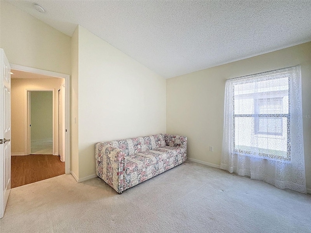 living area with light colored carpet and a textured ceiling