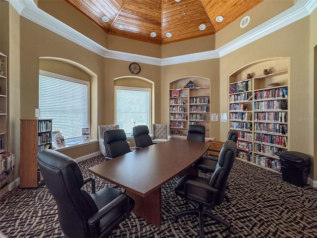 office area featuring carpet flooring, built in shelves, a towering ceiling, and wooden ceiling