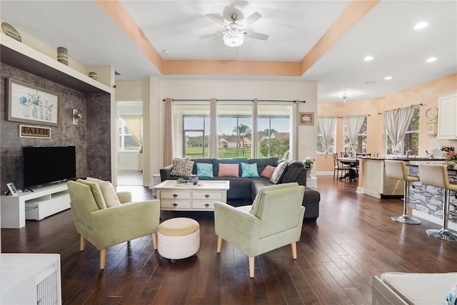 living room with a tray ceiling, ceiling fan, and dark hardwood / wood-style flooring