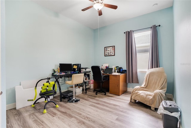 office space with ceiling fan and light hardwood / wood-style flooring