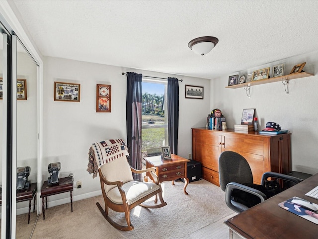 office featuring light carpet and a textured ceiling