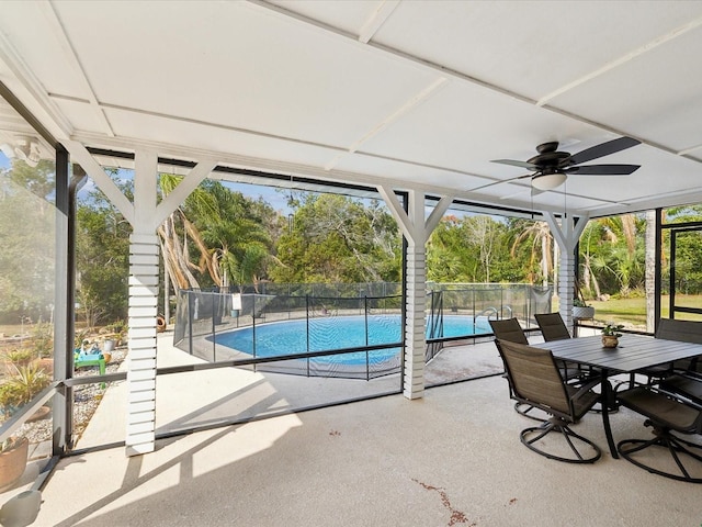 view of swimming pool featuring a ceiling fan, a fenced in pool, a patio area, and fence