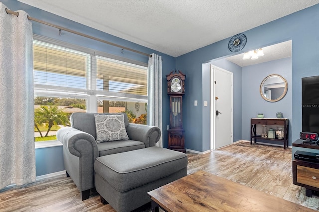 living area featuring a textured ceiling and light hardwood / wood-style flooring