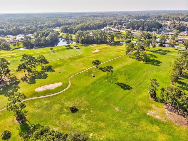 aerial view featuring a water view and view of golf course