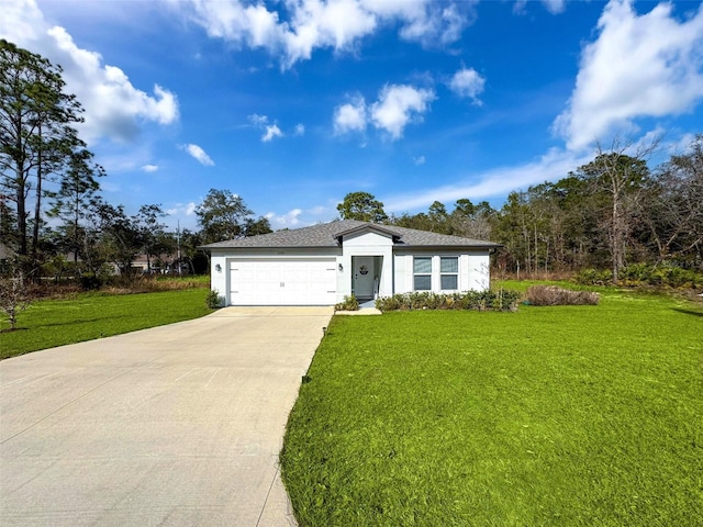 single story home with a front yard and a garage