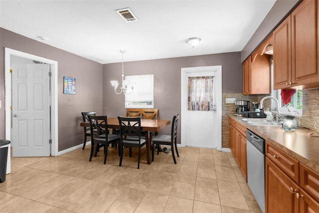 kitchen with dishwasher, backsplash, sink, hanging light fixtures, and a notable chandelier