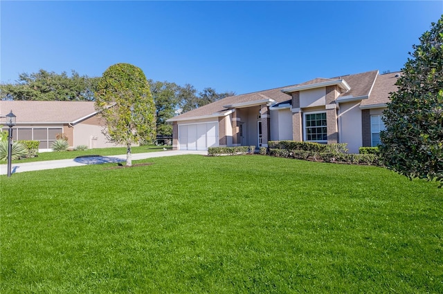 single story home with a front lawn and a garage