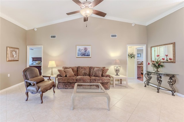 living room with light tile patterned floors, high vaulted ceiling, ceiling fan, and ornamental molding