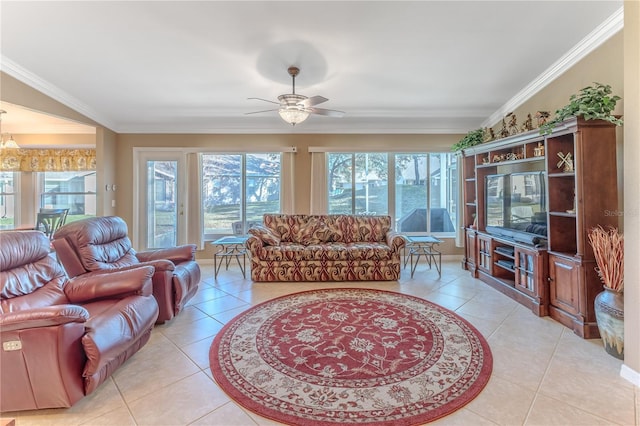 living room featuring ceiling fan, light tile patterned floors, and ornamental molding