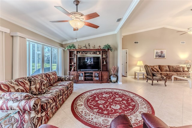 living room with vaulted ceiling, ceiling fan, and crown molding