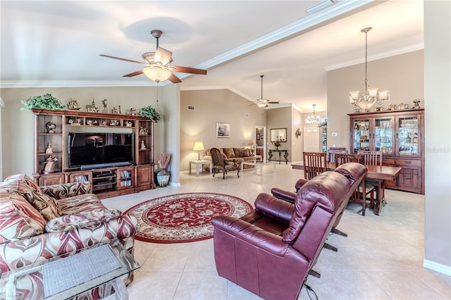 tiled living room featuring ceiling fan with notable chandelier and crown molding