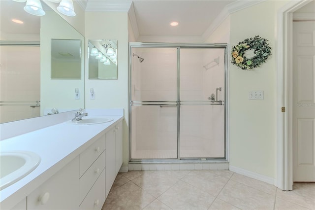 bathroom with walk in shower, tile patterned floors, vanity, and ornamental molding