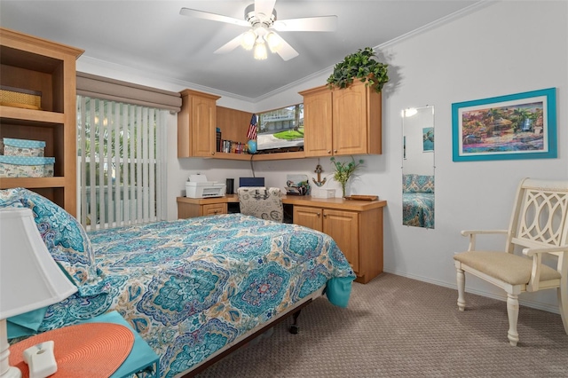 bedroom featuring ceiling fan, ornamental molding, and light carpet