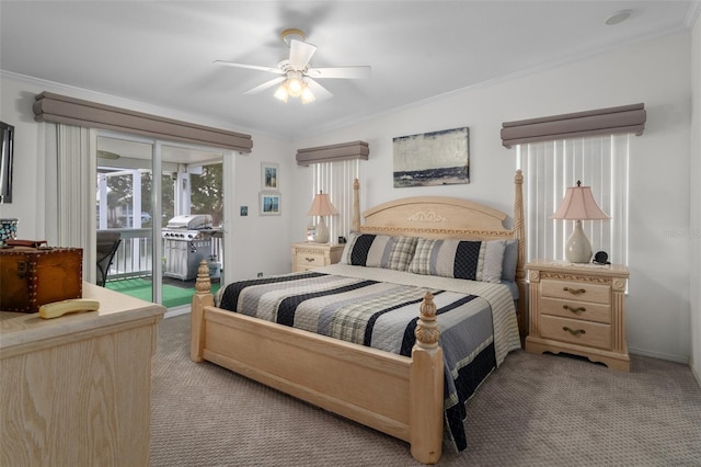 bedroom with ornamental molding, access to outside, ceiling fan, and light colored carpet