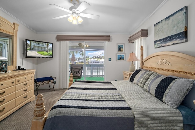 carpeted bedroom featuring access to exterior, ceiling fan, and ornamental molding