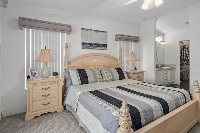 carpeted bedroom with a walk in closet, sink, ceiling fan, ornamental molding, and a closet