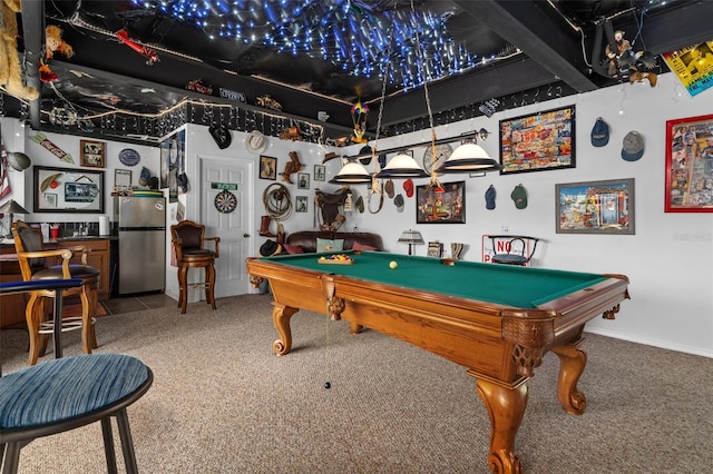 recreation room with carpet floors and billiards