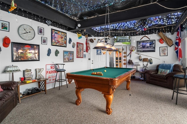 recreation room with carpet floors and pool table