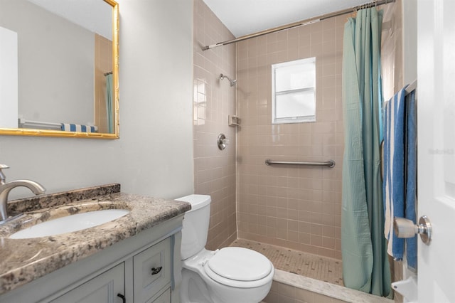 bathroom with vanity, curtained shower, and toilet