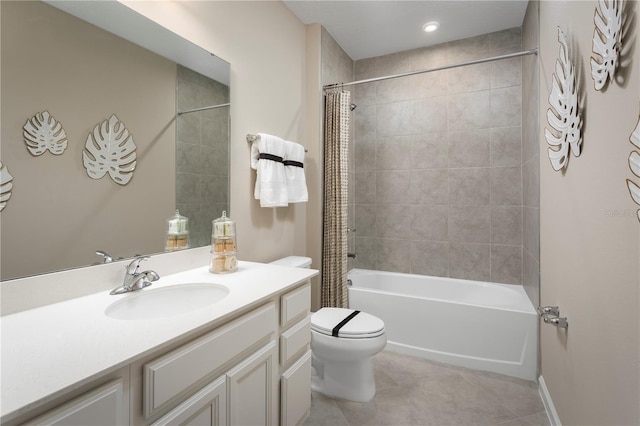 full bathroom featuring tile patterned flooring, vanity, toilet, and shower / bathtub combination with curtain