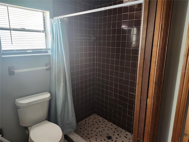 bathroom with toilet and a shower with curtain