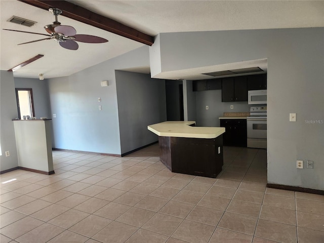 kitchen featuring white appliances, light tile patterned floors, a kitchen island, ceiling fan, and vaulted ceiling with beams