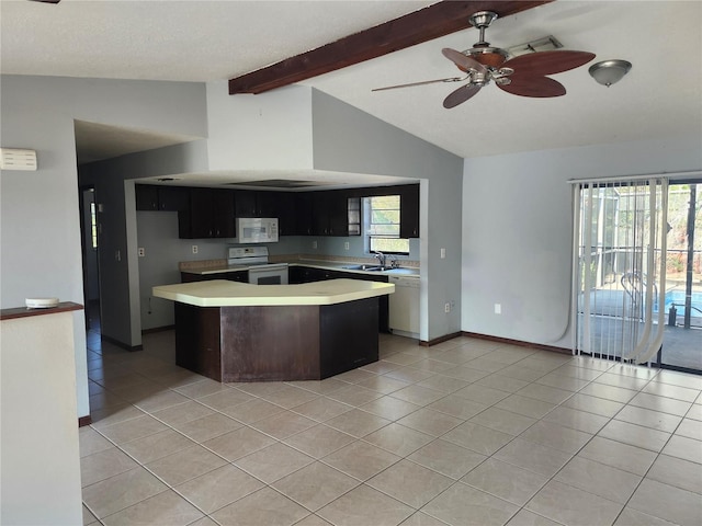 kitchen with sink, white appliances, ceiling fan, light tile patterned floors, and lofted ceiling with beams