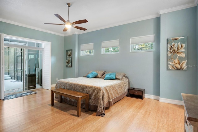 bedroom featuring access to outside, crown molding, ceiling fan, and light hardwood / wood-style floors