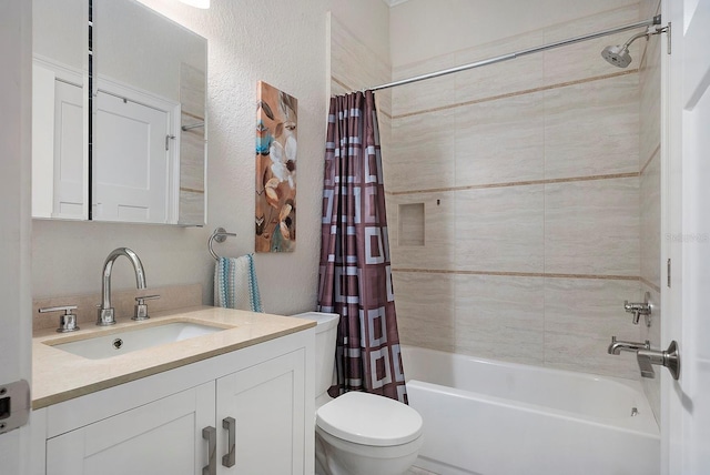 full bathroom featuring vanity, shower / tub combo, and toilet