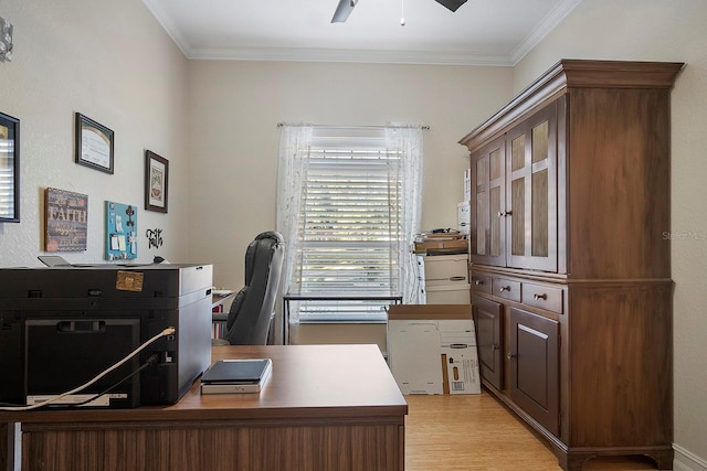 office space with light wood-type flooring, ceiling fan, and ornamental molding