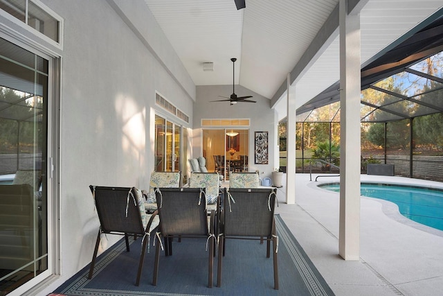 view of patio / terrace with ceiling fan and a lanai